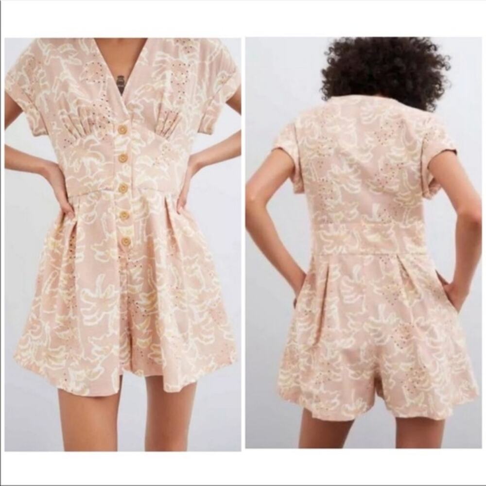 Zara Cotton Linen Floral Eyelet Feminine Cottage Romper Women's Size XS